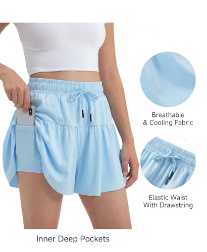 Stelle Girls Athletic Shorts Flowy 2 in 1 Butterfly Short Running Soccer Tennis Sports Shorts with Pocket,Light Blue,8-9 Years — view 3