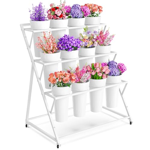 VGMiu Flower Display Stand with 12 Buckets White Flower Cart with Wheels 3 Layers Metal Flower Bar Stand Moving Flower Stand Florist Bouquet Shelf for Weddings Party Ceremony Indoor Outdoor Garden