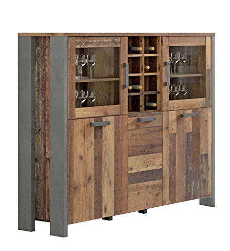 FORTE Clif Highboardvitrine mit 3 Türen unf 2 Glastüren, Holzwerkstoff, Old –Wood Vintage/ Betonoptik Dunkelgrau, 151,3 x 125,4 x 41,5 cm FORTE Clif Highboardvitrine mit 3 Türen unf 2 Glastüren, Holzwerkstoff, Old –Wood Vintage/ Betonoptik Dunkelgrau, 151,3 x 125,4 x 41,5 cm