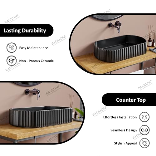 Image of B Backline Ceramic Table Top Wash Basin /Counter Top Basin Sink /Wash Basin Art Basins For Bathroom 20 X 15 X 4.5 Inches (Black Matt 2)