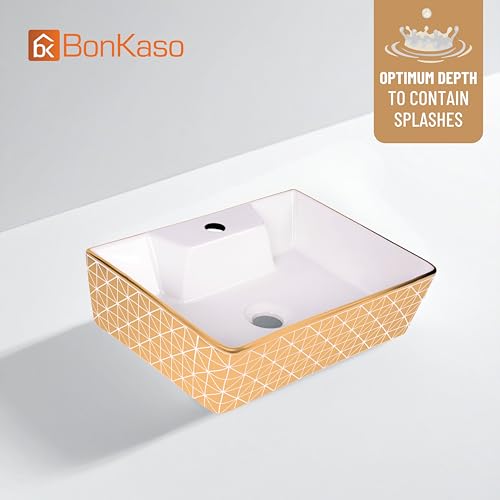 Image of Bonkaso ALTO 1005 Designer Ceramic Table Top Wash Basin | White & Gold Checked Rectangular Countertop Vanity Sink | 41 x 30 x 13 cm | Premium Glossy Finish Bathroom Basin