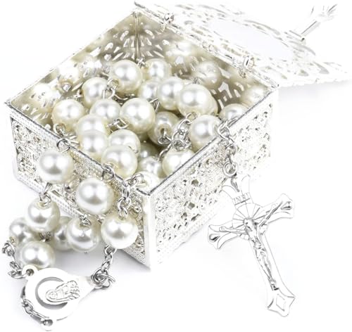 ONRAGT Rosario Hombre Mujer, Rosarios de Comunion Niño Niña, Rosario con Caja de Metal, Recuerdos Bautizo Collar de Rosario para Familiares, Amigos, Niños Perfecto Regalo