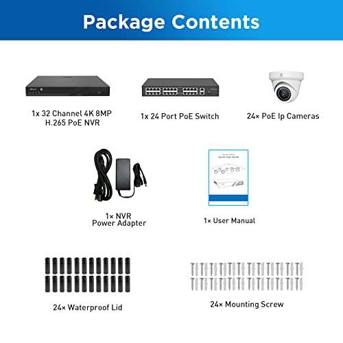 Gwsecu 4K 32 Channel Security Camera System With Audio, 4K/8Mp Commercial Surveillance Nvr With 8Tb Hdd, 24Pcs 8Mp Hd 110° Angle Ai Human/Vehicle Detection Dome Ip Poe Cameras 24/7 Video, G83224P8D01 #TOP7