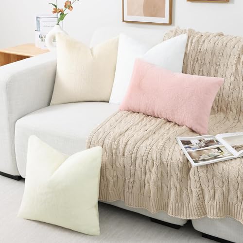 Pallene Faux Fur Plush Throw Pillow Covers 16x16 Set of 2, Soft Fluffy Couch Pillow Covers for Living Room, White