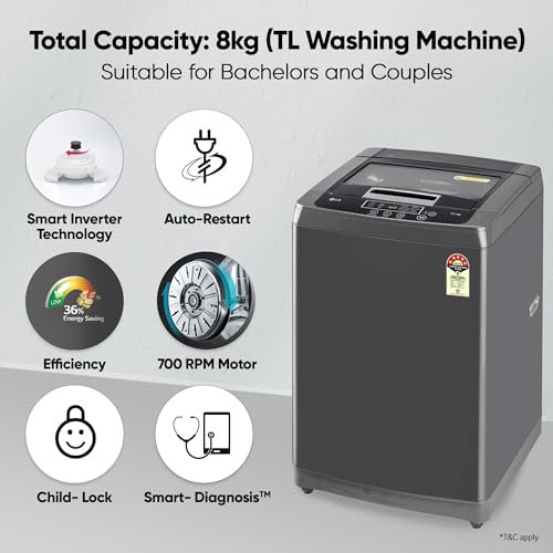 Image of LG 8 Kg 5 Star Smart Inverter Fully-Automatic Top Load Washing Machine (T80SKMB1Z, Middle Black, TurboDrum | Punch + 3)