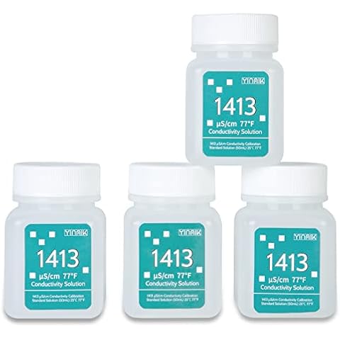 YINMIK 1413 μS/cm Calibration Solution, Conductivity Salt Standard Buffer Solution for 5 in 1 Salinity Tester, EC Meter, TDS Meter, 7 in 1 Multi-Parameter Tester Calibration, 4 Bottles of 50mL Cover