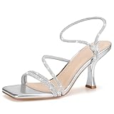 Viciously Vixen Women's Strappy Kitten Heels Square Open Toe Sandals Party Wedding Ankle Strap Shoes,Silver Rhinestone, 8