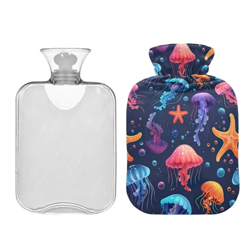 Colorful Jellyfish and Starfish Hot Water Bottle with Soft Cover, 2 Liters Durable Hot Water Bag for Tummy Cramps Neck and Shoulder Waist Pain Relief, Hand Feet Bed Warmer