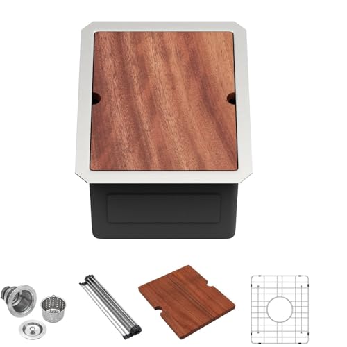 Lordear 12 Inch Undermount Bar Sink Workstation 16 Gauge T304 12 x 15 Stainless Steel Bar Kitchen Prep Single Bowl Small Kitchen Sink with Cutting Board