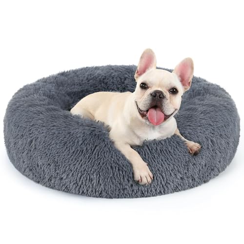 rabbitgoo Dog Bed for Small, 24 inches Machine Washable, Fluffy Donut Pet Bed Anti-Slip, Calming Soft Plush Round Cushion, Fits up to 18 lbs Pets, Dark Grey