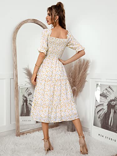 Vaiaye Women's 2023 Spring Summer Floral Smocked Midi Dress Square Neck Casual Boho Long Flowy Tiered Holiday Beach Sun Dresses Yellow #TOP1