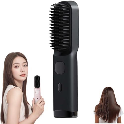 Go Brush - Pro para cabello corto, peine alisador portátil mini con 4 niveles de temperatura, calentamiento rápido 30s, cepillo iónico cerámico recargable USB-C, estilizador anti-frizz (Negro) miniatura 1