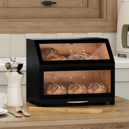 Pamapic Panera de bambú, caja de pan de dos pisos con tabla de cortar y clip para pan, caja de almacenamiento de cocina con tapa y ventana transparente, 39 x 26 x 32 cm