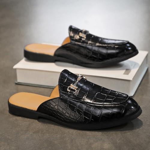Mens Retro Stone Grain Leather Slip-On Backless Mule Horsebit Smoking Slippers Round Toe Non-Slip for Business Casual Dress Prom Party4