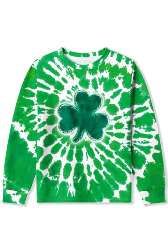 Image of Unisex Kids St. Patrick's Tie Dye Irish Clover Long Sleeve Shirt Shamrock Green Sweatshirt 6-14 Years
