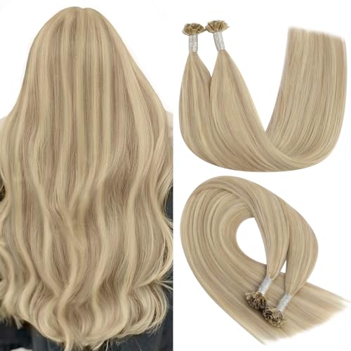 YoungSee Extension Cheveux Keratine Blond 40 cm Extension Cheveux Naturel Keratine Blond Cendre Highlights Blonde Rajout à Chaud 1g/meche 50Meches/50g U Tip...