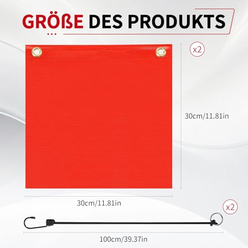 Rote Warnflagge 30x30cm Rote Fahne überlänge Wetterfest Warnfahne Warnflaggen mit Gummiseil Kupferschnallen Flagge für Auto Wohnwagen Anhänger Fahrradträger,2 St Rot Fahne für Transport