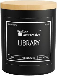 Library Candle for Book Lovers – Soy Wax, Wooden Wick, Book-Themed, Matte Black with Wooden Wick, 7oz