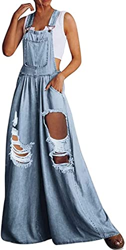 loveimgs Women's Casual Ripped Adjustable Denim Overalls Baggy Wide Leg Bib Pants Palazzo Jumpsuit (Large, Light blue2)