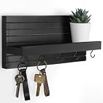 Decorative Key Holder for Wall with Shelf, Entryway Shelf with Hooks Holds Leashes, Jackets and Glasses – Sturdy Wood Keyholder Entrance Hanger with Mounting Hardware (Black, Medium)