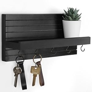 Decorative Key Holder for Wall with Shelf, Entryway Shelf with Hooks Holds Leashes, Jackets and Glasses – Sturdy Wood Keyholder Entrance Hanger with Mounting Hardware (Black)