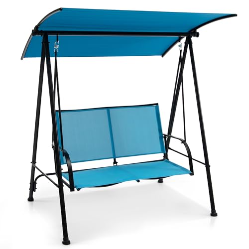 Image of HAPPYGRILL Outdoor Patio Swing for 2 Person, Porch Swing Chair w /Adjustable Canopy, Heavy-Duty Metal Frame, Breathable Seat Fabric, Patio Loveseat Swing for Backyard, Balcony, Poolside