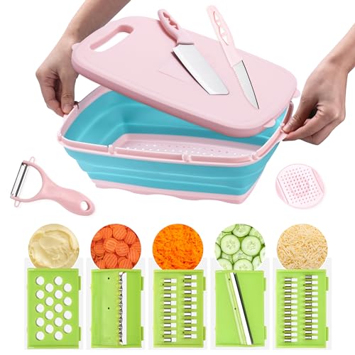 Grippi Vegetable Rack for Kitchen - Collapsible Cutting Board Set of 11 Pink - Ultimate Cutting Board Set for Smart Cooking - Portable & Easy to Clean Cutting Board - 5 Replaceable Blades Gift Set