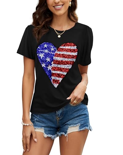 Image of PESION Womens Short Sleeve T-Shirt Sequined Tops O-Neck Funny Graphic Tees Blouse