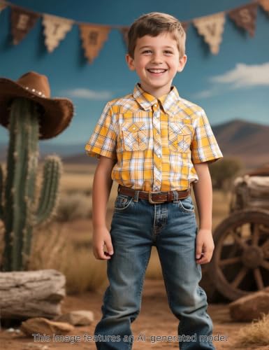 Image of COSLAND Boy's Toddler Cotton Western Short Sleeve Button Down Plaid Shirt, 4-14 Years