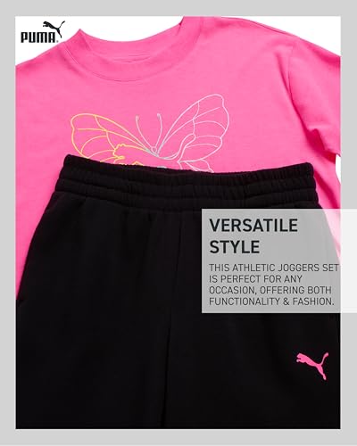 Image of PUMA Girls' Pants Set - 2 Piece Short Sleeve Crewneck Fashion Graphic Tee Shirt and French Terry Flare Pants for Girls (7-14)