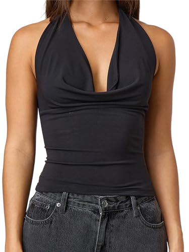 Springcmy Débardeur dos nu à col bénitier pour femme - Coupe ajustée - Col en V profond - Sans manches - Haut sexy - Chemisier d'été, a noir, S