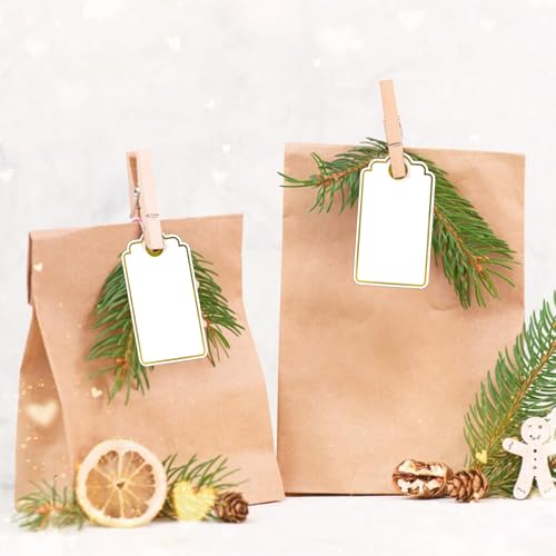 Anwyll Gift Tags with String Attached,100Pcs Gold Foil Metallic Hang Paper Gift Wrap Tags,White Gift Bag Tags,Blank Merry Christmas Gift Label Tag for Present Birthday Wedding Baby Shower Party Favors