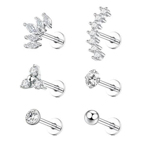sawyofu Tragus Labret Studs Piercing Jewellery 6PCS 16G Stainless Steel Labret Lip Bars CZ Flat Back Cartilage Earrings Helix Conch Lip Nose Ear Piercing Studs Jewellery For Women Men(6MM) (6mm)