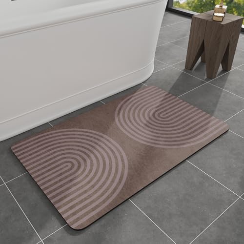 MontVoo -Bath Mat-Non Slip Thin Bathroom Rugs Fit Under Door- Quick Dry Absorbent Faux Suede Surface Grey Bathroom Floor Mats-Shower Rug for in Front of Bathtub Shower Brown Arched 17x27.5 B