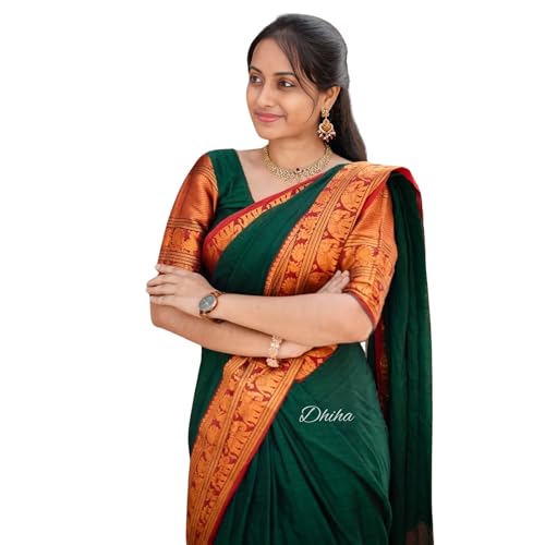 Image of Narayanpet Pure Cotton Avani Border Saree for Women with Running Blouse | Tassels | Traditional Woven Solid Design | Handloom Weave