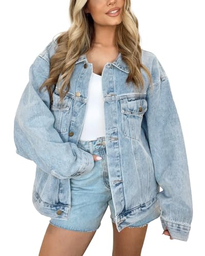 Kedera Denim Jacket for Women Oversized Long Sleeve Button Down Shacket Jacket Fall Loose Casual Coat with Pockets