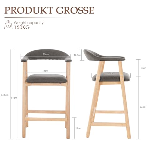 Image of 26 inch Bar Stools Set of 2, Upholstered Counter Stools, Modern Faux Leather Counter Height Bar Chairs with Backs and Arms, Wood Legs and Footrest, for Kitchen Counter, Island, Dining Room, Dark Gray