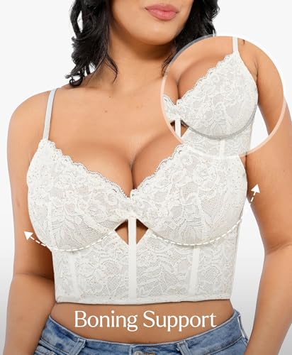 Popilush Bustier Corset Crop Tops for Women V Neck Lace Bralette White M - image 4