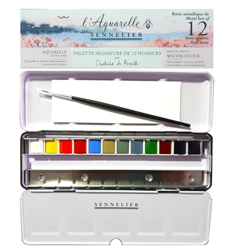 Sennelier - Caja de pintura de acuarela extrfina, juego Ondine de Peretti 12 medias cucharones + Pincel y 1 tarjeta