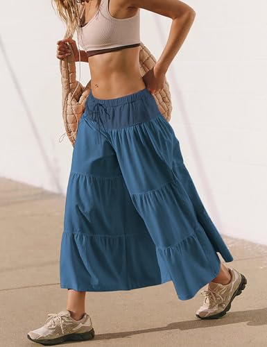 Hooever Women Wide Leg Palazzo Pants Flowy Boho Drawstring Waist Ruffle Hem Capris Bloomer Trousers3