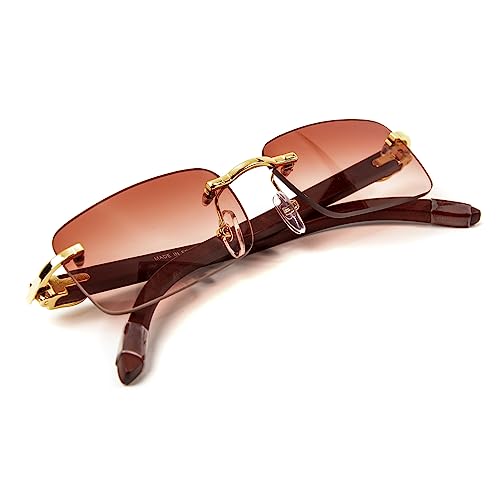Men Women Burgundy Gradient Tint Rimless Gold Frame Rectangle Sun Glasses Vintage Woodgrain Square Shades 90s Retro Unisex Hip Hop Frameless Stylish Designer Wood Arm Sunglasses
