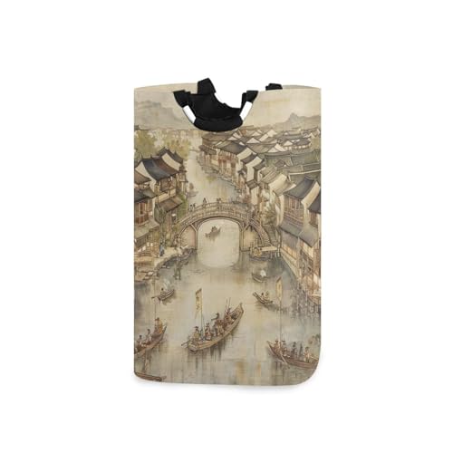 Jihqo Laundry Hamper Basket Flourishing Ancient City Collapsible Nursery Storage Bin Waterproof Clothing Baskets for Home Bedroom Bathroom Washing Room