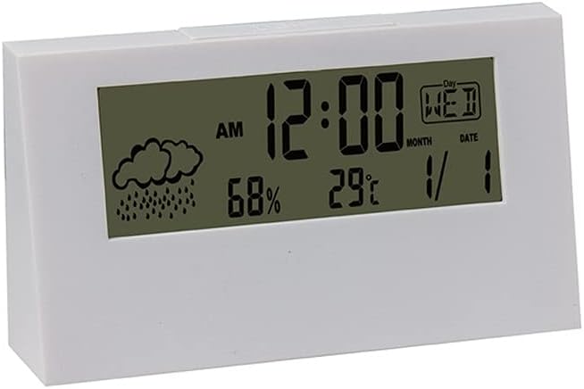 Electric LCD Desk Alarm Clock White with Calendar and Digital Temperature Humidity Home Office Watch Battery Operated
