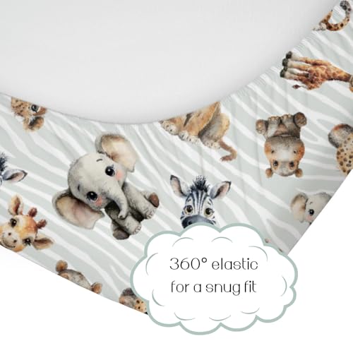 Image of HawSkgFub Safari Jungle African Animals Fitted Standard Baby Crib Sheet Boy Girl, Giraffe Lion Tiger Elephant Zebra Toddler Mattress Cover, Soft Stretchy Nursery Bed Sheets Decor Kids Gift 52 inch x 28 inch