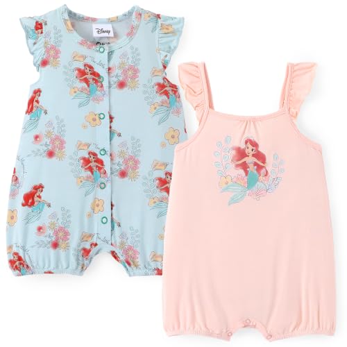 Disney Baby Ariel The Little Mermaid Romper 2 Pack Lightweight Breathable Baby Girl Bodysuits with Ruffle Sleeves and Snaps Blue&Pink 3-6 Months