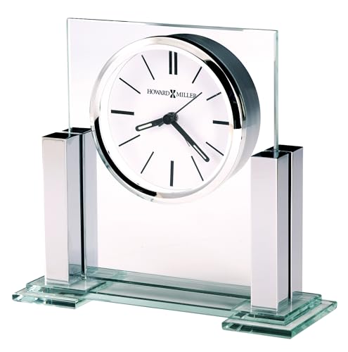 Howard Miller Metropolitan Tabletop Clock – Glass & Metal Alarm Clock with Polished Silver Columns Battery Operated Quartz Movement Modern Desk Décor & Luminous Hands for Office & Home Decor