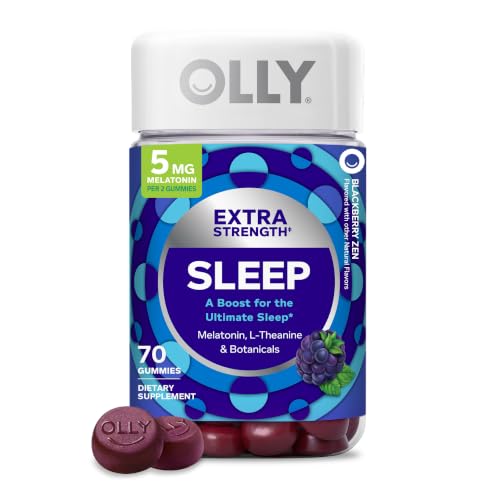 OLLY Extra Strength Sleep Gummies for Adults 5 mg Melatonin Sleep Support Supplement* L-Theanine & Botanical Extracts Restful Sleep Support* BlackBerry Zen Flavor Gluten Free 70 Count