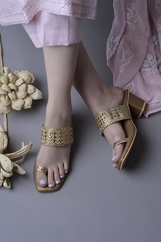 Image of JM LOOKS Women's Embellished Ethnic Heels Sandal with Toe Ring Design Comfortable Lightweight Heels for: Weddings, festive occasions.
