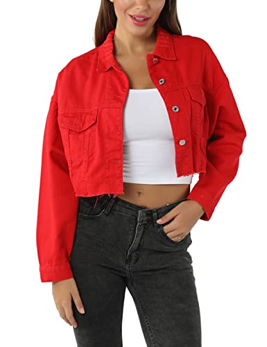 Locachy Women's Cropped Ripped Distressed Denim Jacket Casual Button Down Loose Jeans Coat Fringe with Frayed Hem