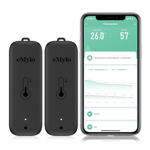 eMylo Higrometro Interior, Termometro Digital Casa, Termometro Wifi con Alarma Inteligente, Almacenamiento de Datos y Calibración, para Hogar, Bodega, Invernadero Disponible, Negro 2 Piezas